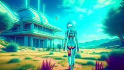 A slim woman in an open-faced space suit walking through an alien landscape towards a building, with strange alien buildings, strange surreal plants, photorealistic, Deep Colour, Intricate Detail, sunshine, blue sky