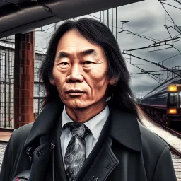 A middle aged Asian man with long hair and a black trench coat waiting for a woman at a train station in London