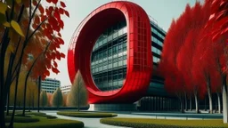 Modern architecture with a cylindrical building featuring circular windows of various sizes, surrounded by red foliage with a clear view of the moon and other buildings in the background.