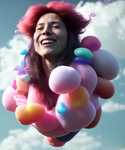 Ultra realistic speed clouds sky scene, wide angle view, sweet women falling down, inflatable color clothing, free jumping flying, many trinkets, hair monster. Clouds sea, many jelly beans, balls, color smoke, smile, happy, circus style, extreme, wind, 20,000 feet altitude, stratosphere, soft color, highly detailed, unreal engine 5, ray tracing, RTX, lumen lighting, ultra detail, volumetric lighting, 3d, finely drawn, high definition, high resolution.