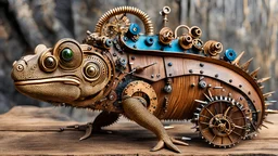 Steampunk Chameleon made out of wood with bolts and nails and cylinder on his head