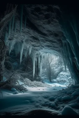 A super high-resolution 2 terapixel photograph of cave in January. The scene captures the intricate frost formations on the cave entrances and the surrounding trees, with a gentle snowfall adding to the winter wonderland effect. The dim winter light creates a mystical ambiance around the cave formations. Captured with a Nikon Z7 II and a 24-70mm f/2.8 lens, focusing on the serene, frozen beauty of the park.