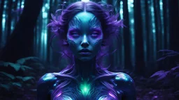 Simulated holographic glitch, alien xenobiotic girl with beautiful purple body against dark night forest, split toning effect, subsurface gaussian scattering, dark fantasy, dark botany, photorealistic image, super detail, artistic fantasy, filigree, dark botany, ultra detail, dark botany, photorealistic image