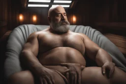 half body shot photography, two muscular chubby ugly burly marocan men , bulge, masculine hairy 54 year old man, bald, currly beard ,big shoulders, big arms, big legs, bulge,, ambient occlusion , lying down sleeping in a steamy Sauna, super high resolution, 8k, dim light, side light, ultra hyper realistic, frontal view