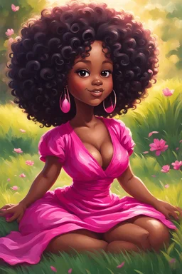 An expressive oil painting image of a chibi black cartoon of a curvaceous woman with flowing of tight curly afro of black hair that's highly detailed, wearing a hot pink maxi dress. She sits relaxed on the grass facing the warm sunlight, which illuminates her face as she looks to the side with a small smile, accentuating her prominent makeup and brown eyes. with green and hot pink roses all around