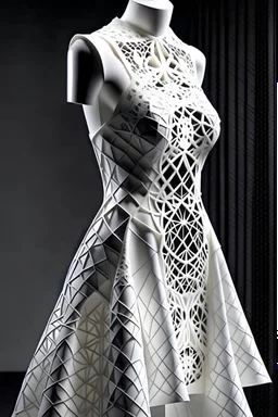 White satin dress, with lace cloth, sleeveless, inspired by fractals in geometry.
