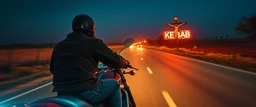 The kebab man driving fast on his motorcycle, fire from the exhaust, widescreen picture, empty road on the country at night, comic style, no helmet and he have a long black beard, neon kebab signs along the road, jesus at his cross