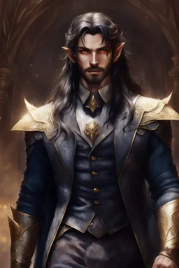 pointed ears elven male, long black hair, golden eyes, shade of beard