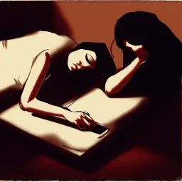 depressed woman typing at a smartphone laying on the floor of a dark bedroom by almeida junior