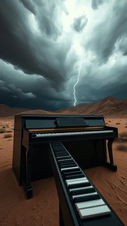 A big black piano in the middle of a stormy wether in the desert, camera looks from the button up to the top of the piano , surreal a highly quality 8k photo