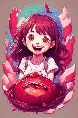 A detailed illustration Anime girl smiling crushed inside really darkred fleshy stomach filled with digestive juices, t-shirt design, in the style of Studio Ghibli, pastel tetradic colors, 3D vector art, cute and quirky, fantasy art, watercolor effect, bokeh, Adobe Illustrator, hand-drawn, digital painting, low-poly, soft lighting, bird's-eye view, isometric style, retro aesthetic, focused on the character, 4K resolution, photorealistic rendering, using Cinema 4D, vector logo, vector art,