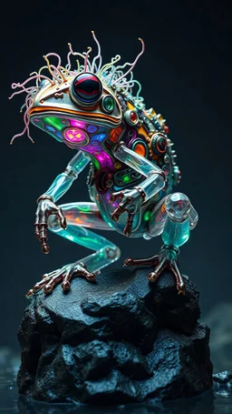 A dynamic view action showcasing the fusion of recursive and Neumorphic elements, depicting a fully fantasy juggernout -frog. Its intricate mechanisms are driven by interlocking tendrils and complex lock embedded throughout its massive resin frame. made of clear resin with rainbow glowing messy head with shiny body. Standing on highest swamp rock