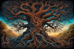 gnarled and twisted tree of life with faces and bodies crawling out of the trunk and branches, deep colour, in the multiverse