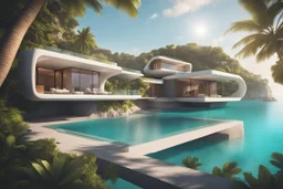 Impressive paradise islands, with elegant and luxurious futuristic homes on cliffs, vibrant and warm tones. Architecture, natural beauty, crystal clear waters, sun and lush vegetation