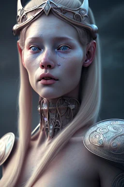 A photo realistic portrait of a stunning viking humanoid Alien princess, who is incredibly sad, 8k, 3d with depth of field hyper realistic