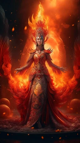 Full body wide-angle RAW photo, fire queen wearing luxurious and ornate clothes, fully covered, holding a ball of fire, opals and floral decorations, fractal wings texture, coming out of a burst of fire, winter scenery in the background, beautiful Indonesian woman's face, skin high detail, phoenix, fire, 8k uhd, dslr, soft lighting, high quality, film grain