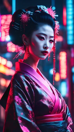 a captivating image of a cyberpunk geisha adorned with neon-lit traditional attire. Emphasize the contrast between the classic elegance of a geisha and the futuristic glow of neon lights in a bustling cityscape, 4k