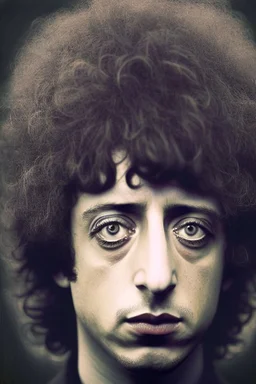 Bob Dylan face with big eyes and fathered hair