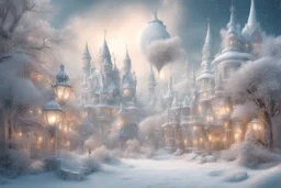 fairy tale city, dream city, landscape in light silver tones, colorful. delicate white velvety clouds, exquisite and filigree, lanterns, ice sculptures in rococo style, snow-covered trees, snow, mystical haze, beautiful, lumen, professional photo, beautiful, high resolution, cgi, f/16, 1/300 s, digital painting with high detail. Dmitry Vishnevsky