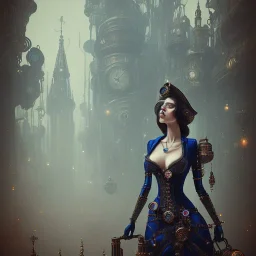 un robot steam punk gothic femme bleu fond cité perdue