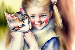 A cute smiling Norwegian girl is holding a kitten. Watercolour