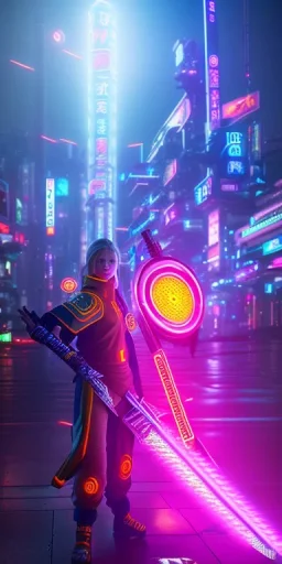 Naruto with cyber glowing swords, cyberpunk, full body, realistic, intricately detailed, neon lighting, vivid colors, neon, 64k