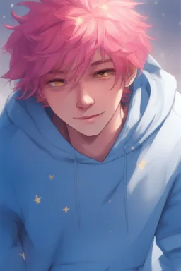 An androgynous young man with tousled pink hair and golden eyes floating among the stars wearing a light blue hoodie and black board shorts. He is smiling softly and holding a star in one hand.
