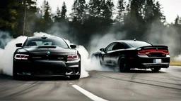 Black BMW and Dodge Charger SRT drifting in the white smoke, rear view, cinematic, luxurious --chaos 80 --ar 16:9 --style raw --stylize 700