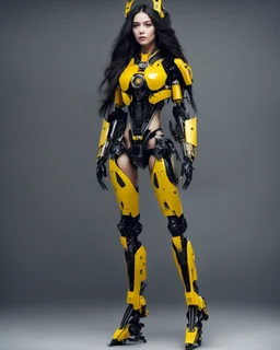 length image full body photo humanoid beautiful woman long hair with body mechanical bLack and yellow inspired design by bumble bee transformer robot sense of luxury technology future