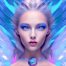 Face Angel crystalline,blond hair, blue eye ,pink , cosmic, opalescent, gemstones, crystals, other worldly,water,bright, ice background, snow lake blue