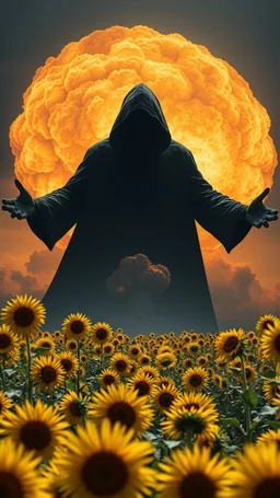 A field of random sunflowers with bright lighting , at the end of the picture is a dark background a huge nuke explosion behind the explosion a very large open arms dark scary shadow of a black hooded creature