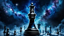 Hyperrealistic illustration of one giant queen chess piece floating in the big galaxy, deep dark universe with stars and nebula, fanatasy, dramatic atmosphere. The overall scene moody and surreal, with intricate stunning textures on the chess piece to highlight its grandeur and mystery. white-blue mist aura around the chess piece. detailed, stunning illustration