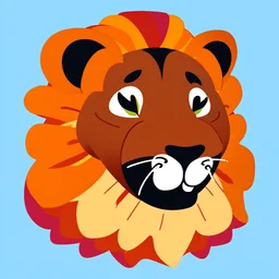 A sticker design in a minimalistic style featuring a caricature lion in vivid colors. The subject is presented alone on a neutral background.