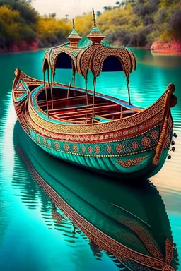 A magnificent handcrafted traditional Indian boat gently floats atop the shimmering turquoise waters of a majestic river its slender body adorned with intricate patterns and vibrant hues showcasing the rich cultural heritage and artistic prowess of the land