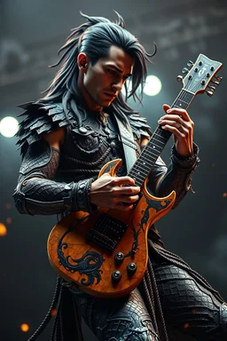 A rock star playing the guitar, looking at you , scales, unreal engine 6, high detail, intricate, cinematic. photoshoot style, intricate, studio lighting, masterpiece , highly detailed, 8k, best quality, fire, smoke, dramatic,d,<lora:mshn:0.7>,<lyco:Warrior_Couture:0.5>,