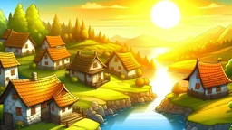 Draw a village, very wonderful, with a stunning view that is half snowy, half summer and a magical sunset, in a realistic cartoon style.