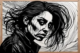 create an abstract, deeply powerful tragic and evocative, full body woodcut of a raw and weathered gothpunk female with highly detailed facial features, lost in a horrific post apocalyptic world, in the style of KATHE KOLLWITZ , searing lines and forceful strokes