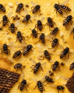 bees flutter over the hive, behind there is a honey yellow background and honeycombs