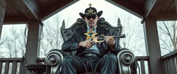 Not just a porch. The sheriff sits on a metallic throne wrapped in wires, eyes scanning time, ready to recruit you. Keywords: throne-chair, cyberstar badge, coiled cables, glitch revolver
