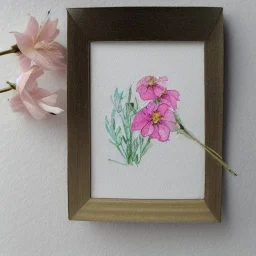 tiny watercolor of single long stem pressed flower, delicate arrangement, etsy, aesthetic layout, white parchment