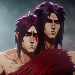 Barbarian anime character, animal hide armor, physically fit, tribal tattoos, scars, washboard abs, red facepaint, red hair, dark eyeshadow, intricate eyeliner, soft round eyes, beads in hair, 8k resolution, cinematic smooth, intricate details, vibrant colors, realistic details, masterpiece, oil on canvas, smokey background