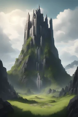 lone gigantic highcastle with magical core merging into a mountain surrounded by a giant grass-field