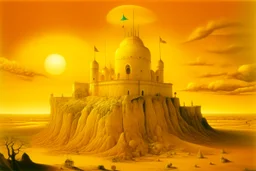 A yellow fortress with glowing halos painted by Salvador Dali