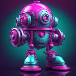 A hyper-realistic 3D Surreal digital painting, magenta droid mechanic, rich deep teal background, dreamlike imagery, fantastical elements, perfect body ,dymond , boots