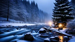 fir forrest scenery, heavy mist,mist shadows,valley,creek,forest,christmas lanterns,tree,,nature,night,snow,fir tree,high-quality photograph