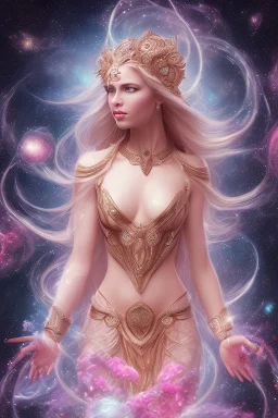 Create an image of a full body cosmic Goddess. The goddess should be depicted as a beautiful and powerful figure, surrounded by cosmic stars. Her hair should be long, blond and flowing, and she should be dressed in a flowing gown blue celestial robe. In the background, include imagery of pink flowers, blue sky,trees. The image should evoke a sense of joy, celebration, and spiritual connection to nature.