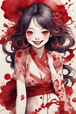 body anormal, smile, blood, girl cute, watercolor illustration by <Katsushika Hokusai>, darkred tones,