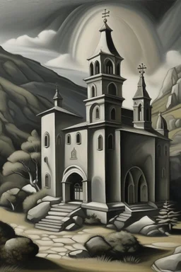 A gray monastery made out if steel painted by Thomas Hart Benton