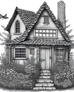 Coloring pages: A beautifully intricate and detailed fairy house nestled among lush flowers and plants.