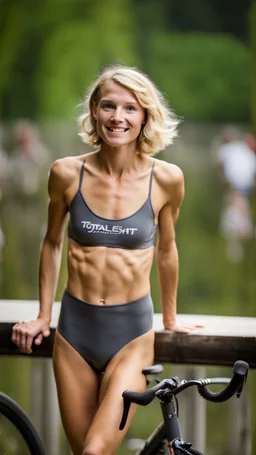 anorexic beautiful girl, age 21, total shot, short anthracite triathlon swimsuit, blonde wavy bob haircut, blurred background